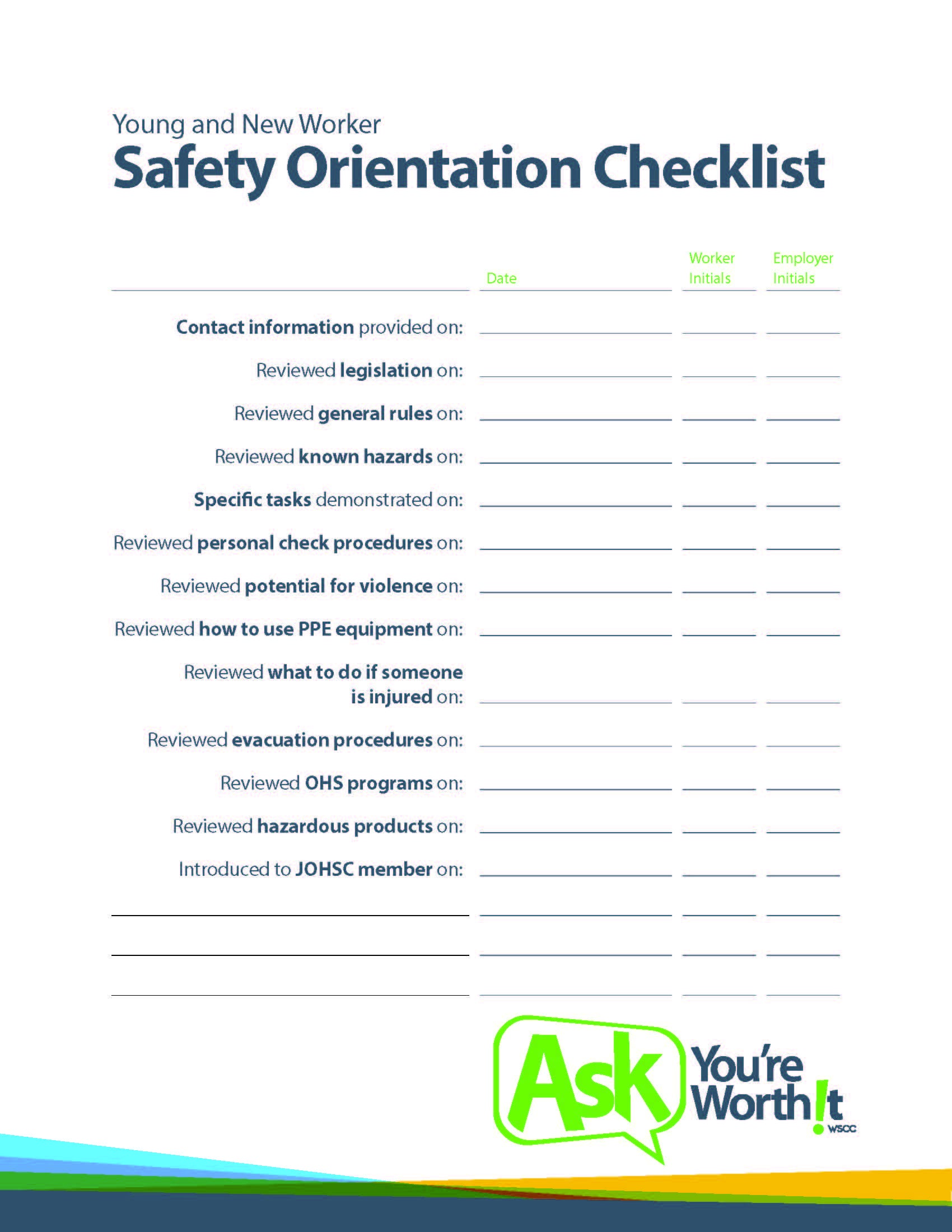 Safety Orientation Checklist WSCC Workers Safety And Compensation
